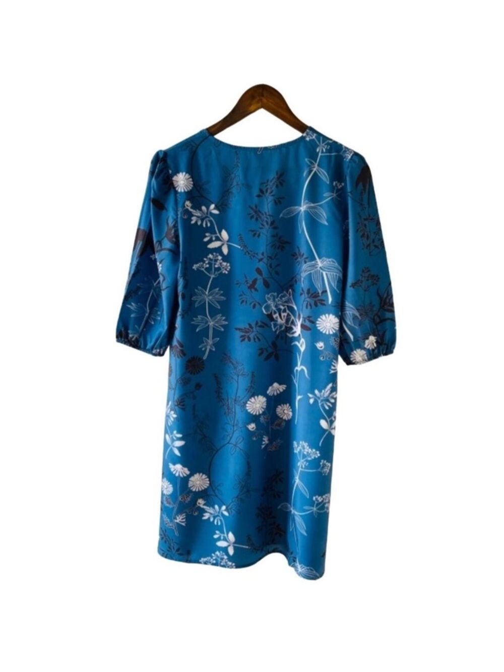 Floral V-Neck Mini Dress Sz Medium with Puff Sleeves Eco-Friendly Blue Botanical - Picture 4 of 6